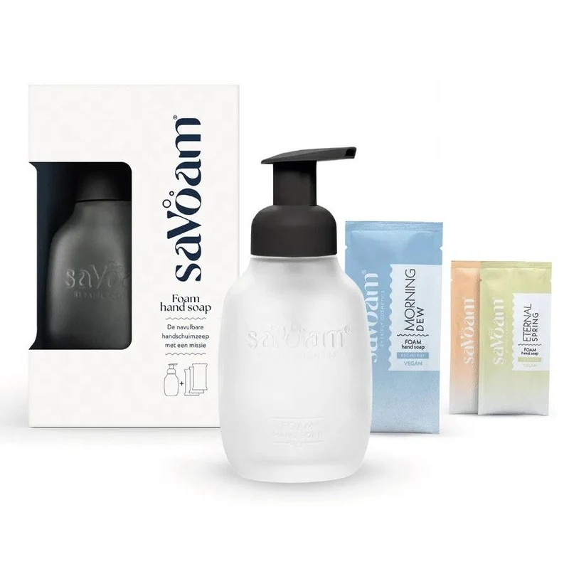 SaVoam Starterspakket Glazen Foampompje Zwart + Handzeep Sachets