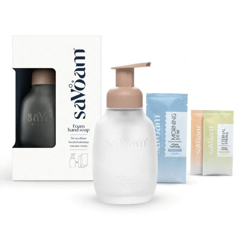 SaVoam Starterspakket Glazen Foampompje Zalm + Handzeep Sachets